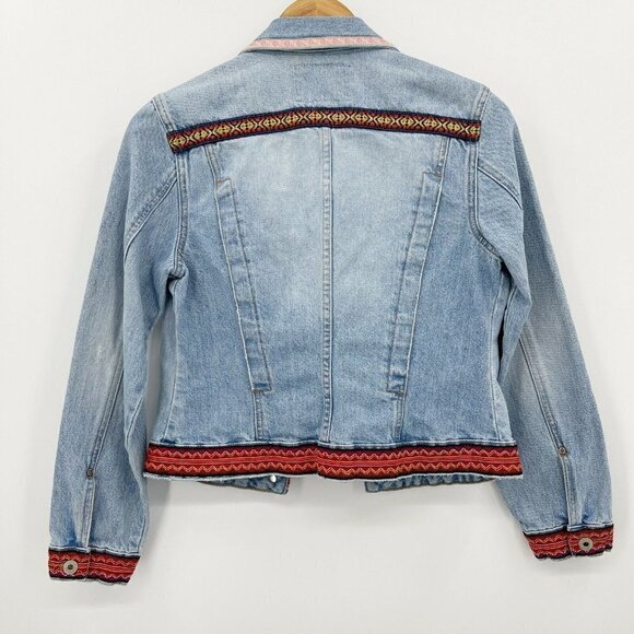 Guess Vintage 80s Denim Jean Jacket Tribal Embroidered Trim USA Made - Picture 6 of 12
